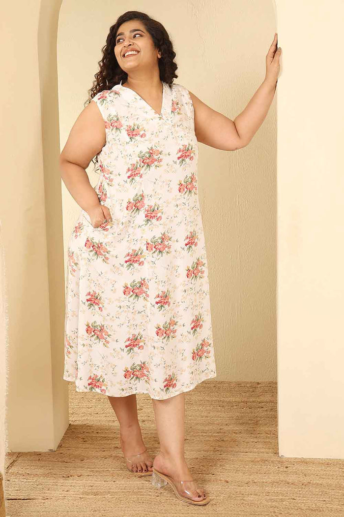 Plus Size White Floral Print Sleeveless Cotton Midi Dress
