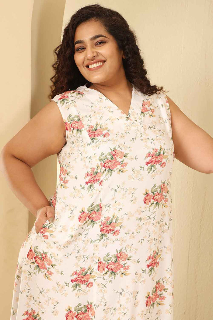 Plus Size White Floral Print Sleeveless Cotton Midi Dress