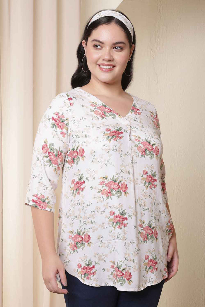 Plus Size White Floral Print V Neck Top