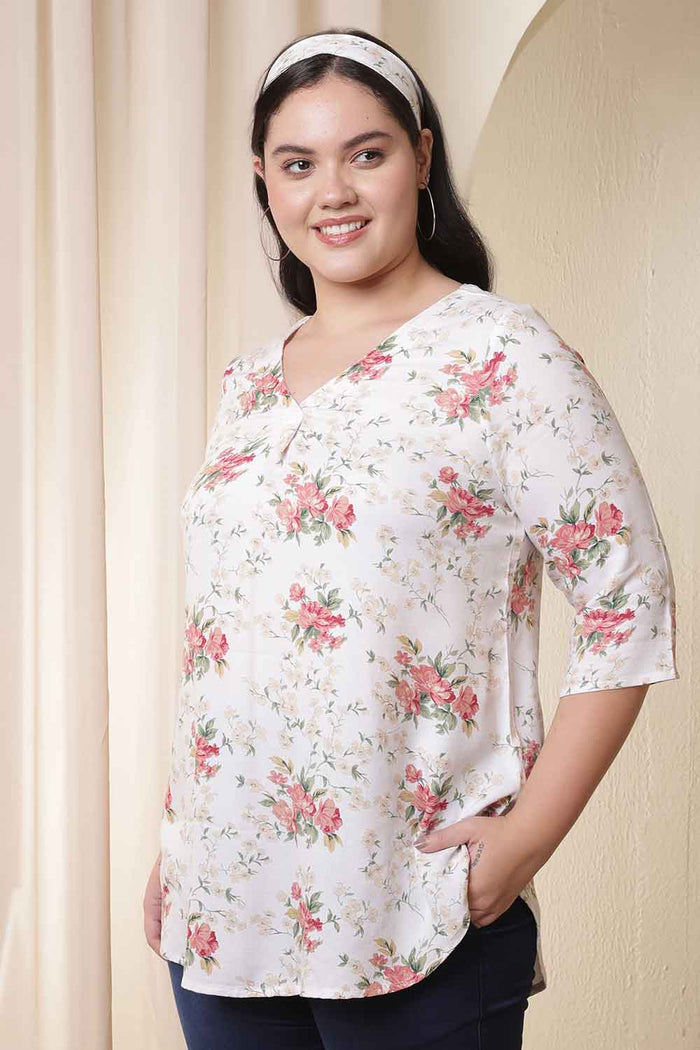 Plus Size White Floral Print V Neck Top