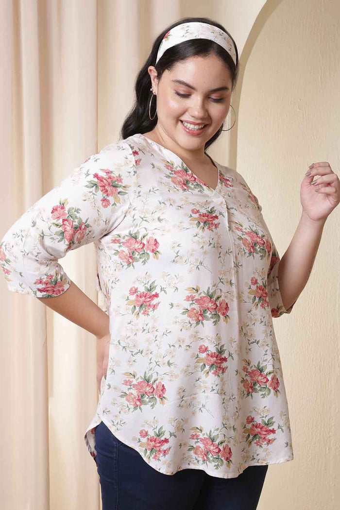 Plus Size White Floral Print V Neck Top