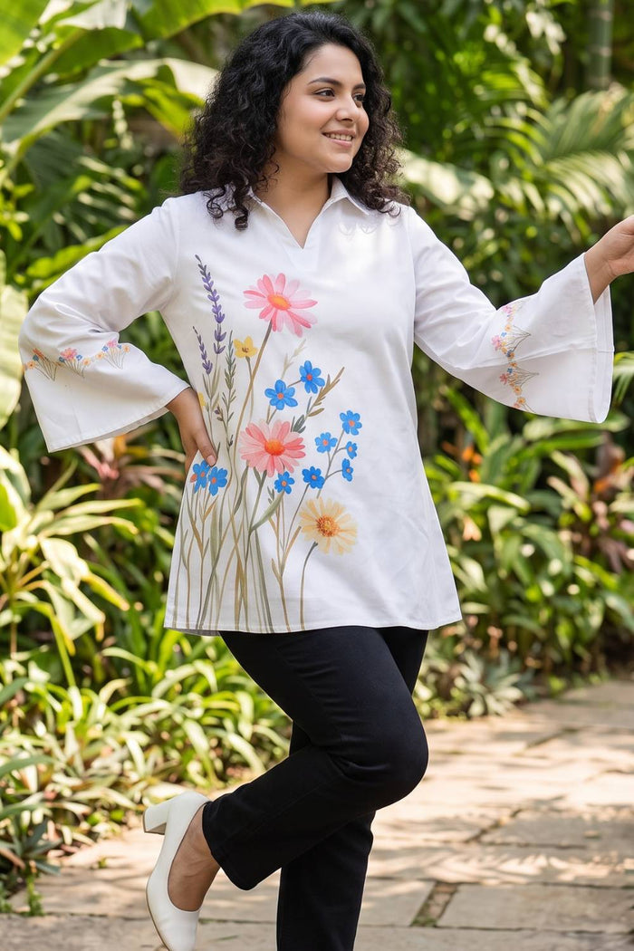 Plus Size White Floral Printed Cotton Top
