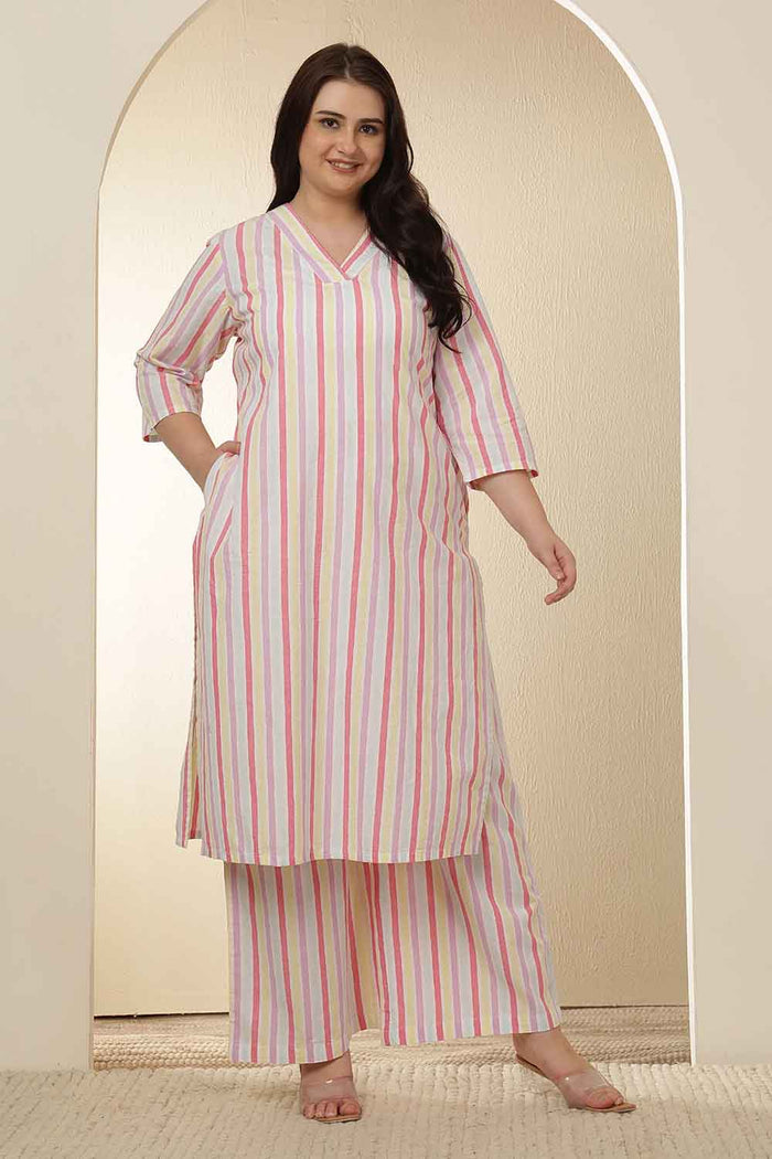 Plus Size White Pink Stripe Cotton Kurta Coord Set