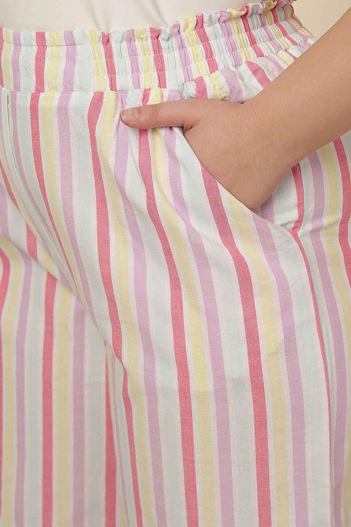 Plus Size White Pink Stripe Cotton Kurta Coord Set