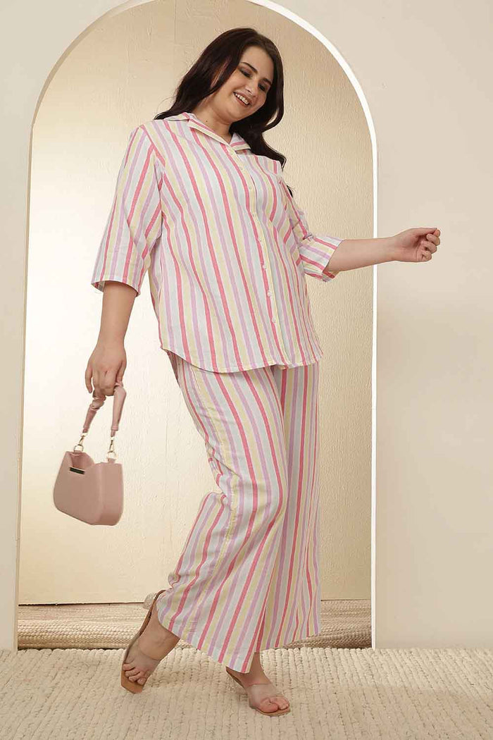 Plus Size White Pink Stripe Cotton Shirt Coord Set