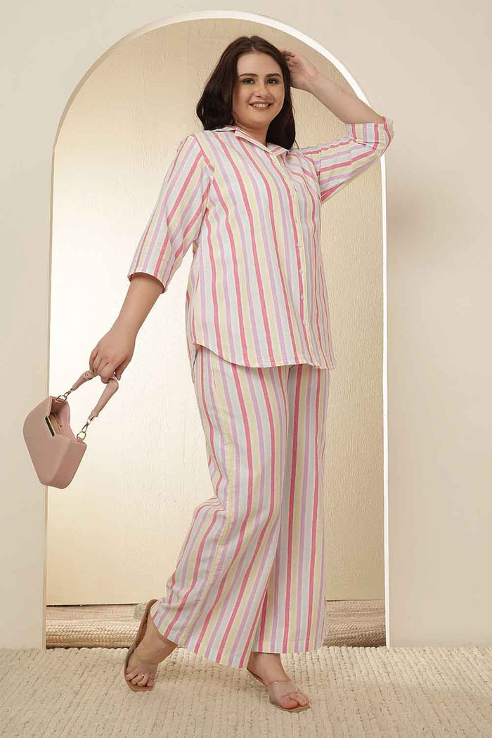 Plus Size White Pink Stripe Cotton Shirt Coord Set