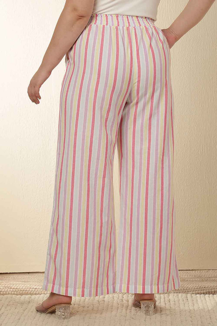 Plus Size White Pink Stripe Cotton Shirt Coord Set