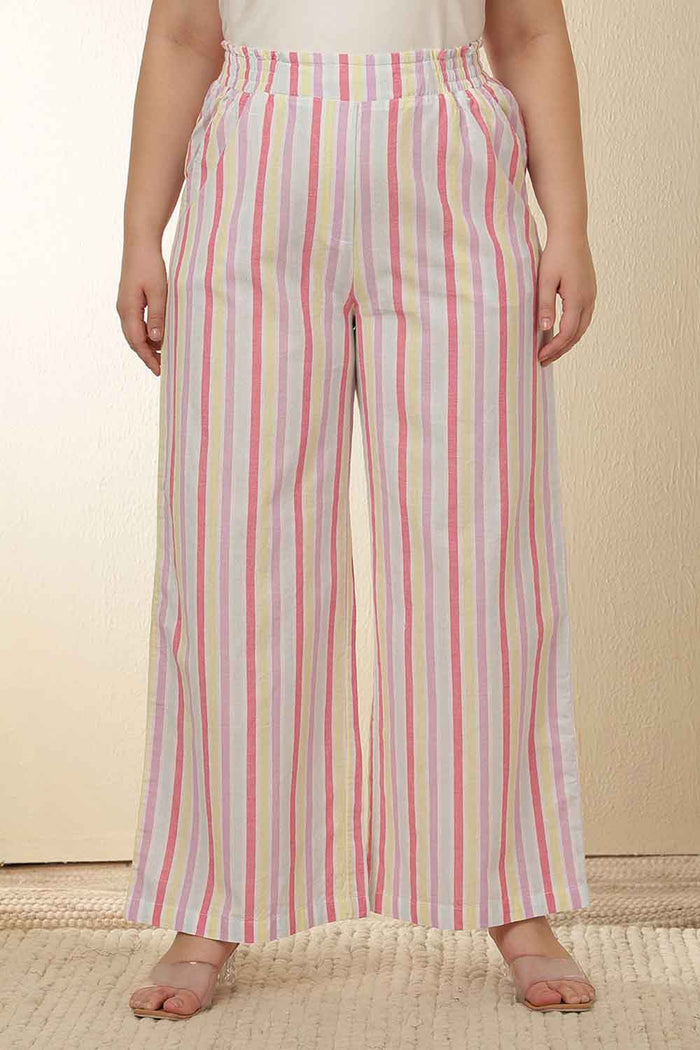 Plus Size White Pink Stripe Cotton Shirt Coord Set