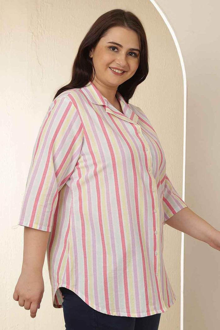 Plus Size White Pink Stripe Cuban Collar Cotton Shirt