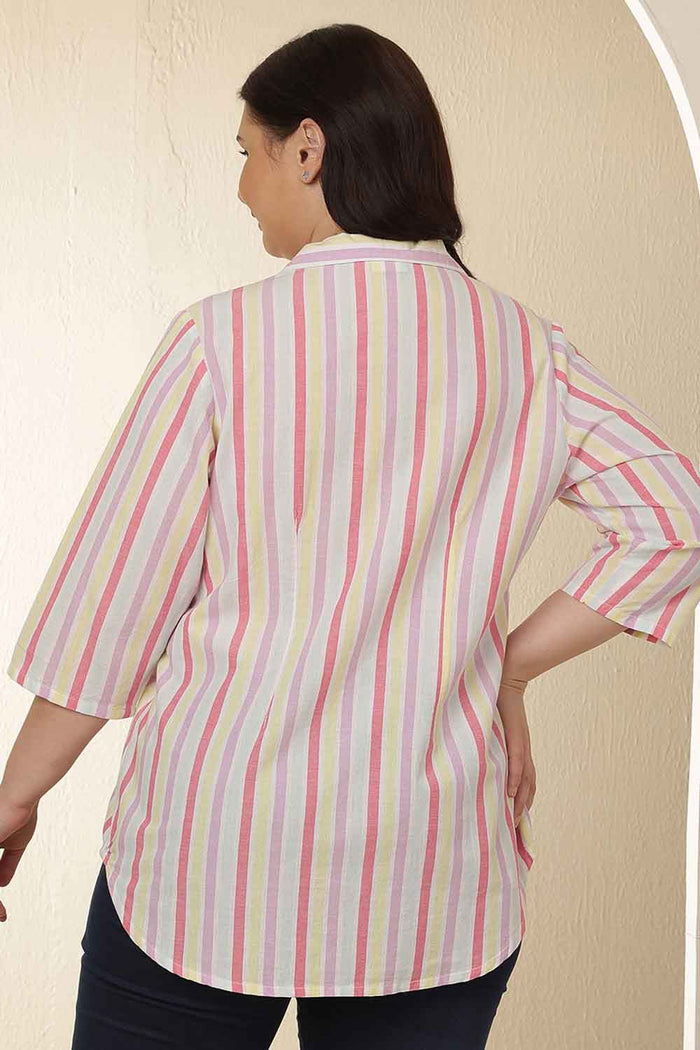 Plus Size White Pink Stripe Cuban Collar Cotton Shirt