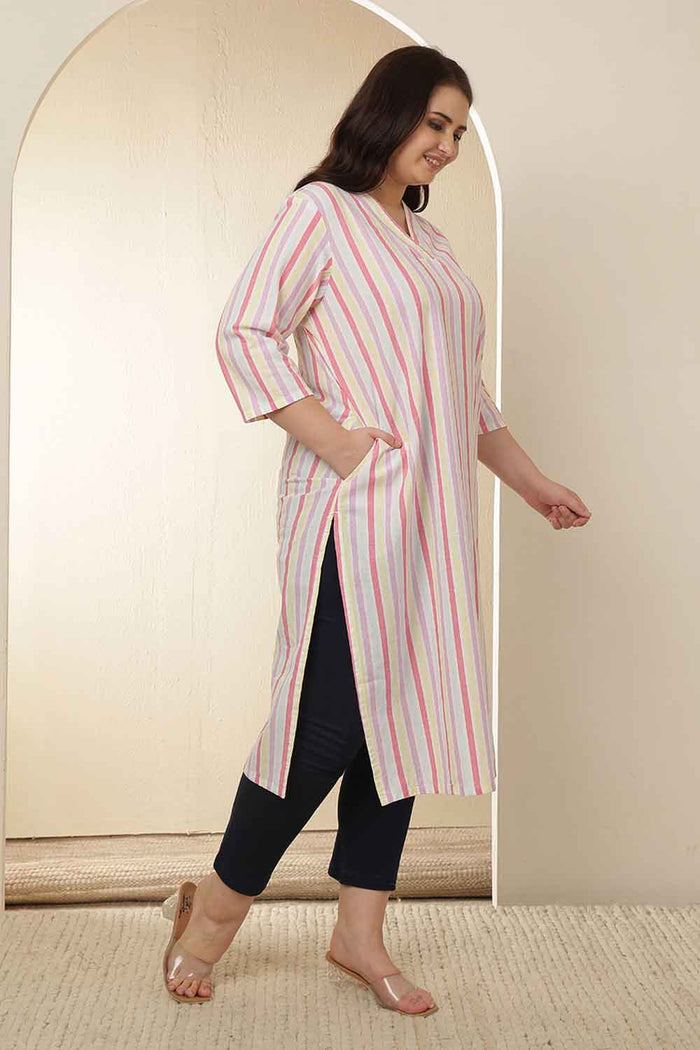 Plus Size White Pink Striped Cotton V Neck Kurta
