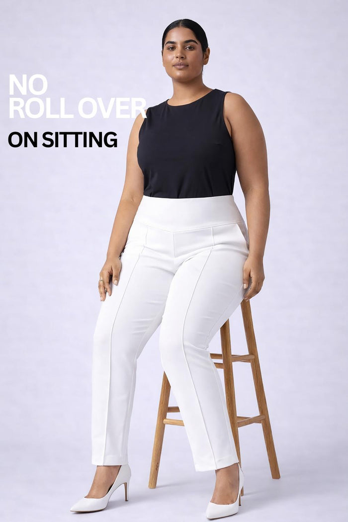 Plus Size White Tummy Shaper Straight Fit Pants
