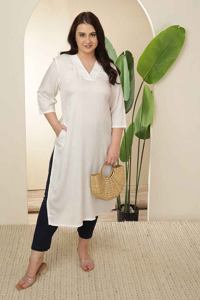 Plus Size White V Neck Kurta