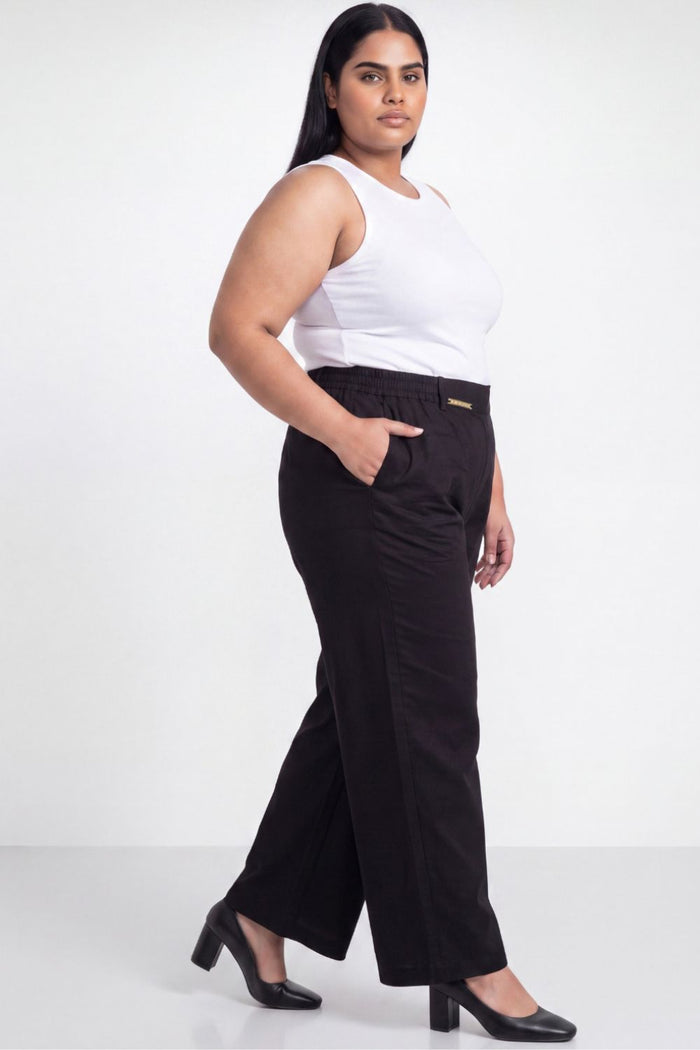 Plus Size Wide Leg Easy PullOn Black Cotton Satin Pants