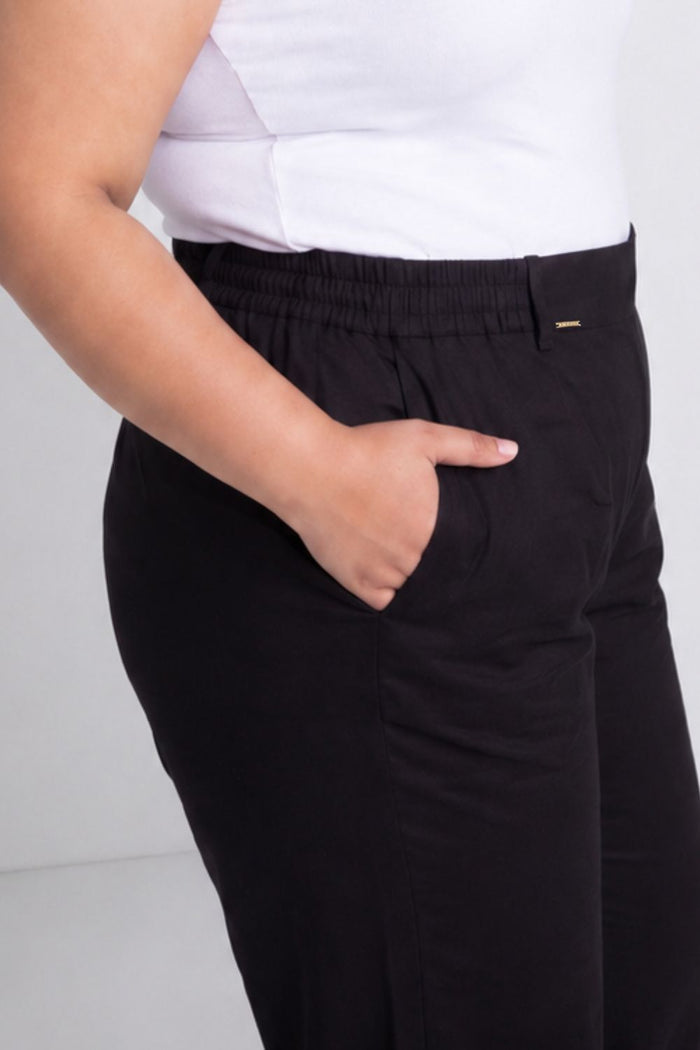 Plus Size Wide Leg Easy PullOn Black Cotton Satin Pants