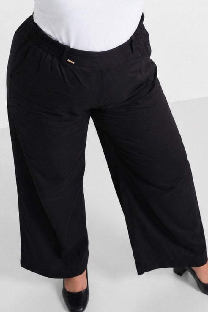 Plus Size Wide Leg Easy PullOn Black Cotton Satin Pants