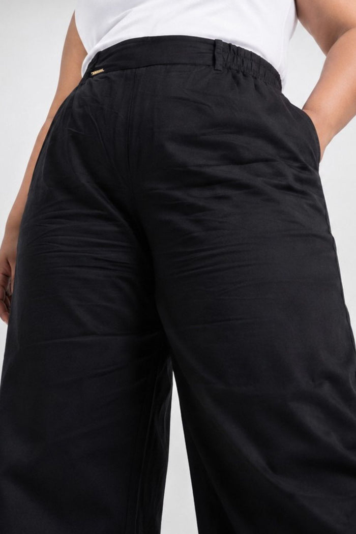 Plus Size Wide Leg Easy PullOn Black Cotton Satin Pants