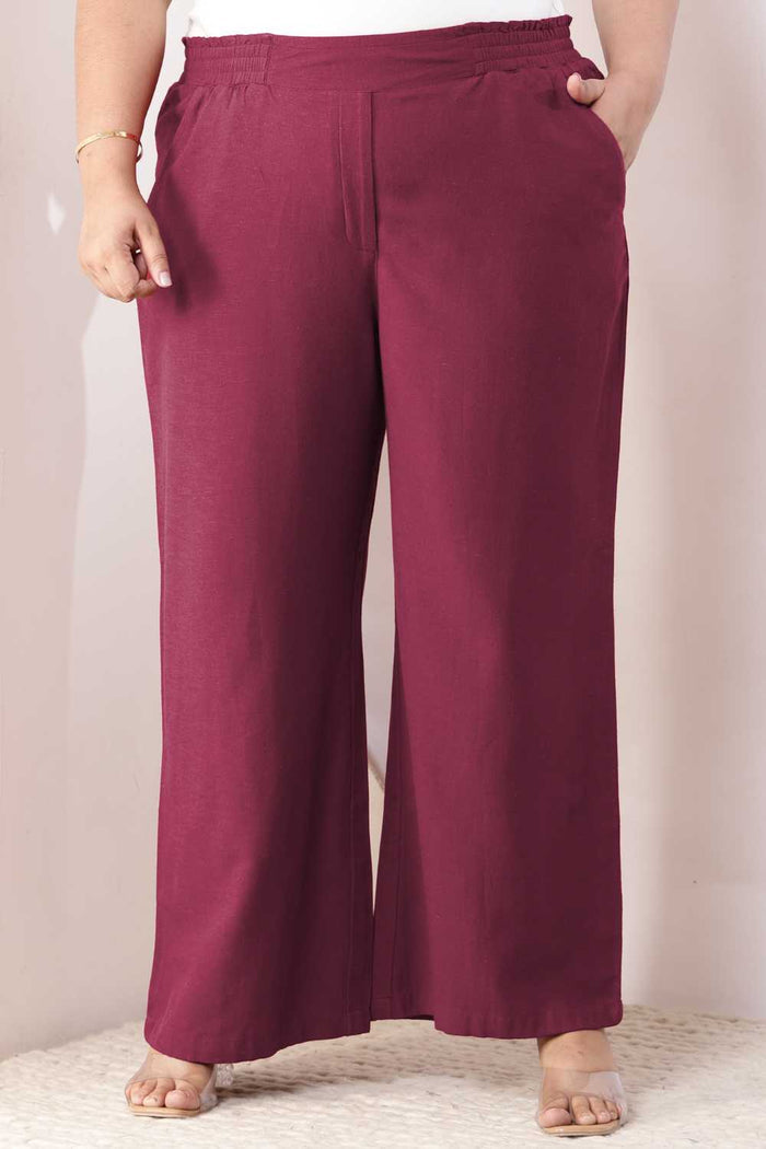Plus Size Wine Cotton Linen High Waist Pants