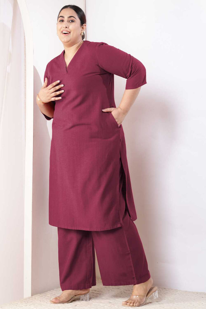 Plus Size Wine Cotton Linen Kurta Coord Set
