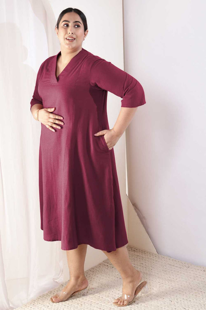 Plus Size Wine Cotton Linen Midi Dress