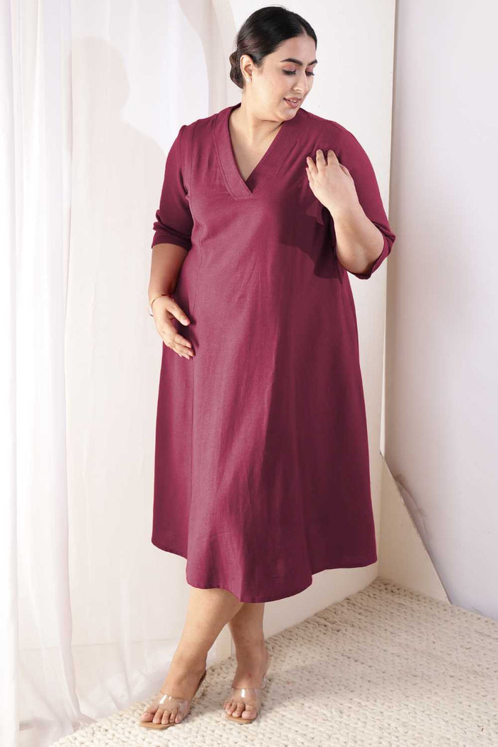 Plus Size Wine Cotton Linen Midi Dress