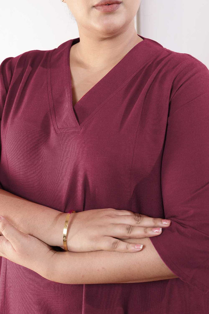 Plus Size Wine Cotton Linen Midi Dress