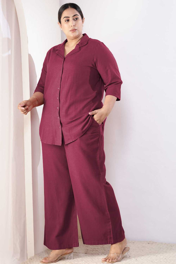 Plus Size Wine Cotton Linen Shirt Coord Set