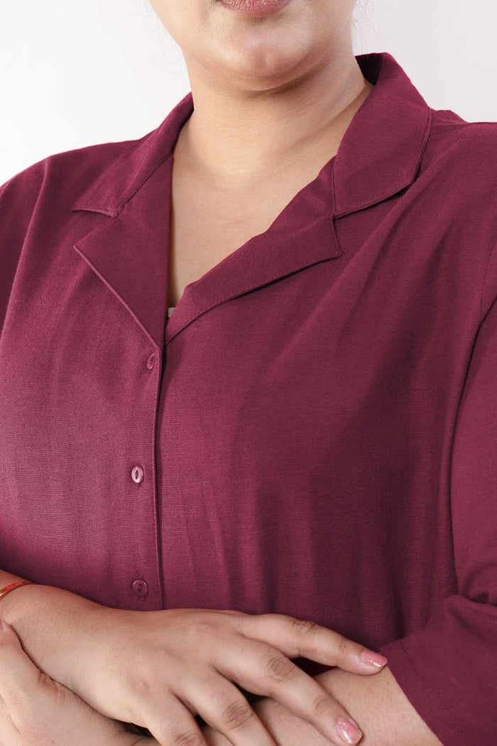 Plus Size Wine Cotton Linen Shirt Coord Set