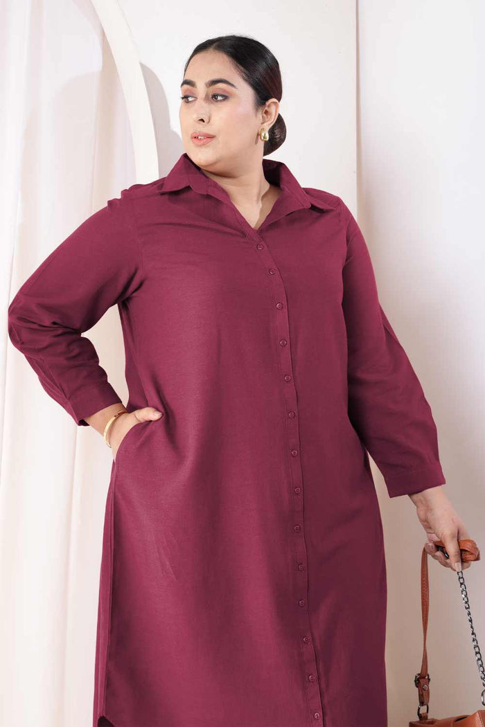 Plus Size Wine Cotton Linen Shirt Dress