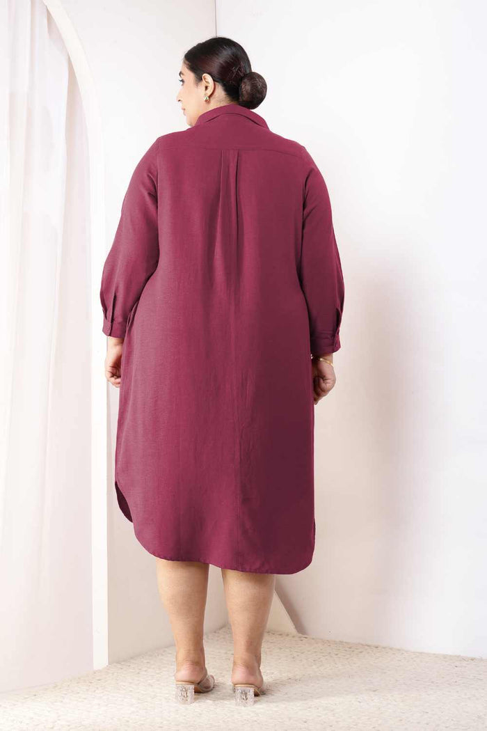 Plus Size Wine Cotton Linen Shirt Dress