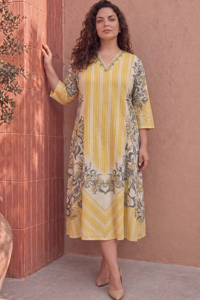 Plus Size Yellow Floral A-Line Cotton Midi Dress
