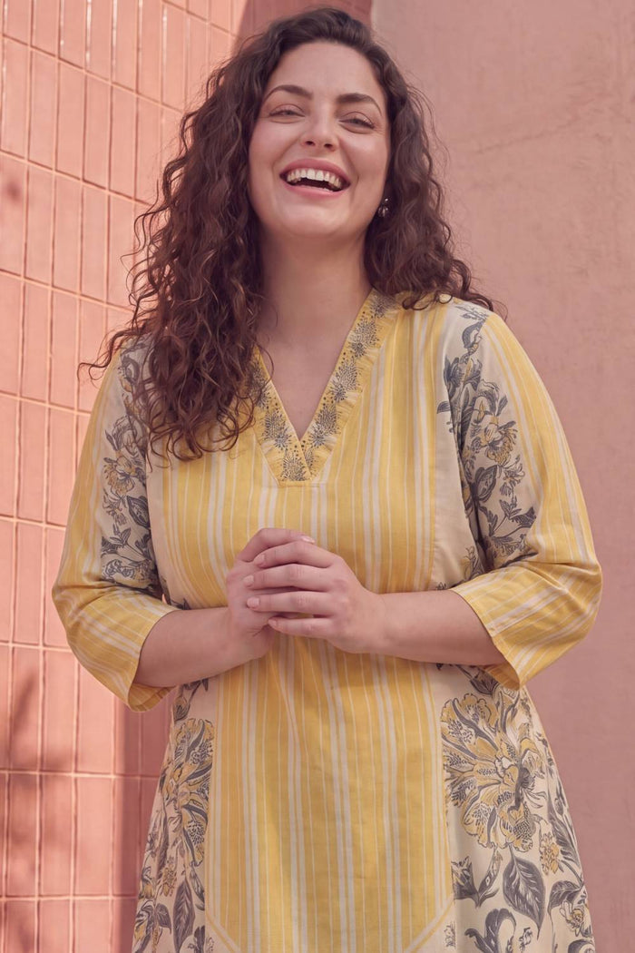 Plus Size Yellow Floral A-Line Cotton Midi Dress