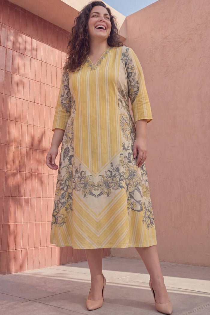 Plus Size Yellow Floral A-Line Cotton Midi Dress