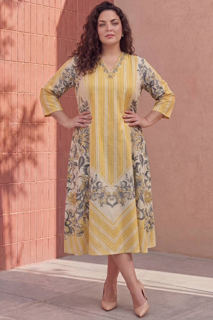 Plus Size Yellow Floral A-Line Cotton Midi Dress