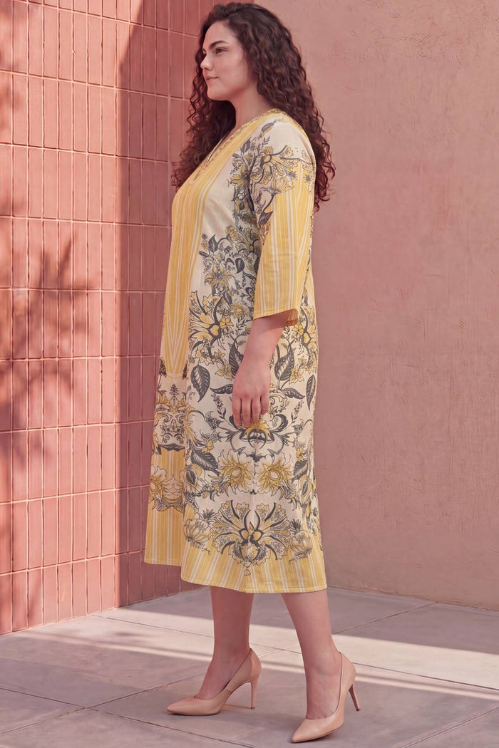 Plus Size Yellow Floral A-Line Cotton Midi Dress