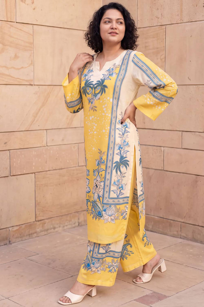 Plus Size Yellow Floral Print Cotton Kurta Coord Set