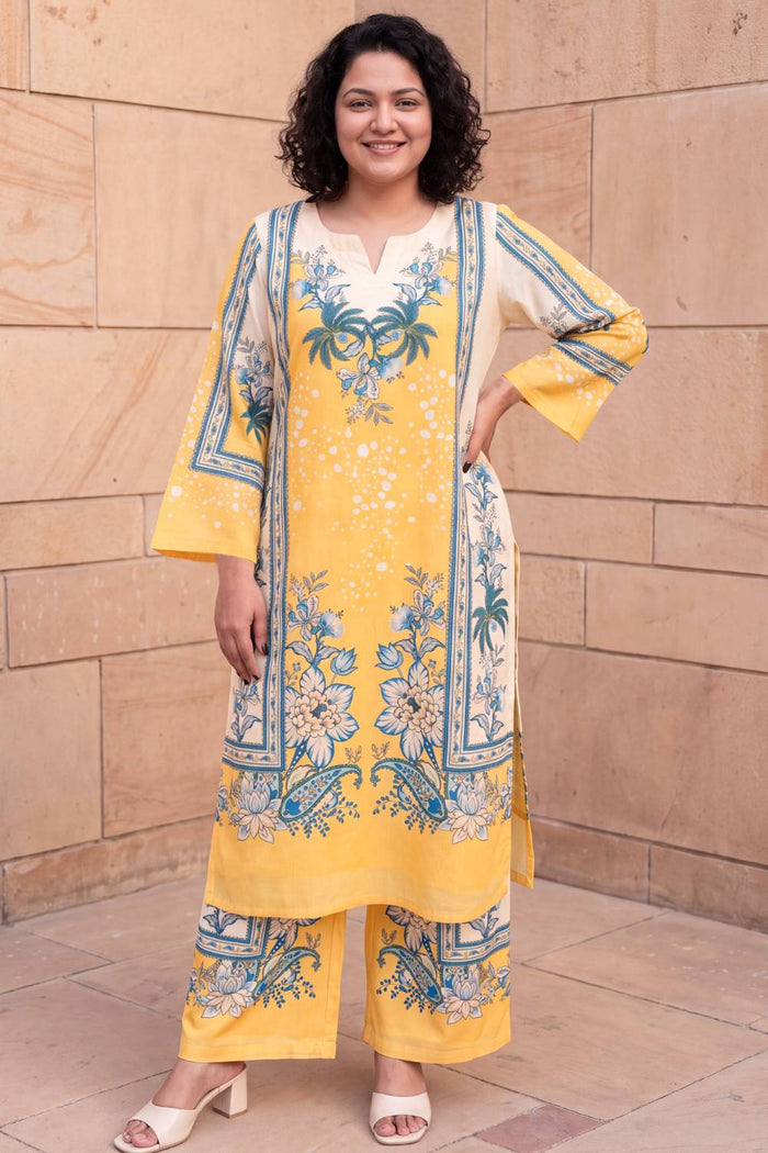 Plus Size Yellow Floral Print Cotton Kurta Coord Set