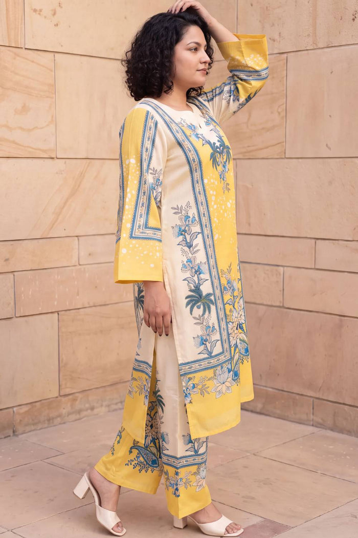 Plus Size Yellow Floral Print Cotton Kurta Coord Set