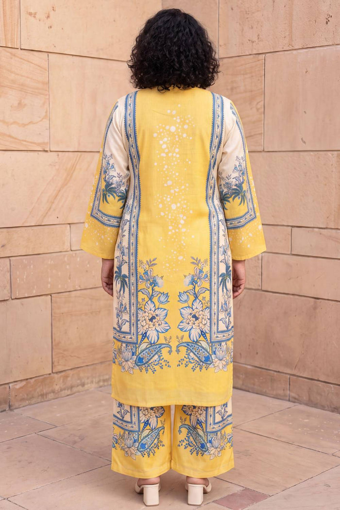 Plus Size Yellow Floral Print Cotton Kurta Coord Set