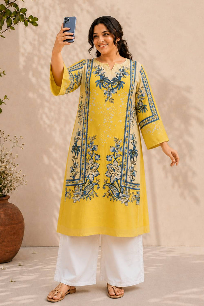 Plus Size Yellow Floral Print Cotton Kurta