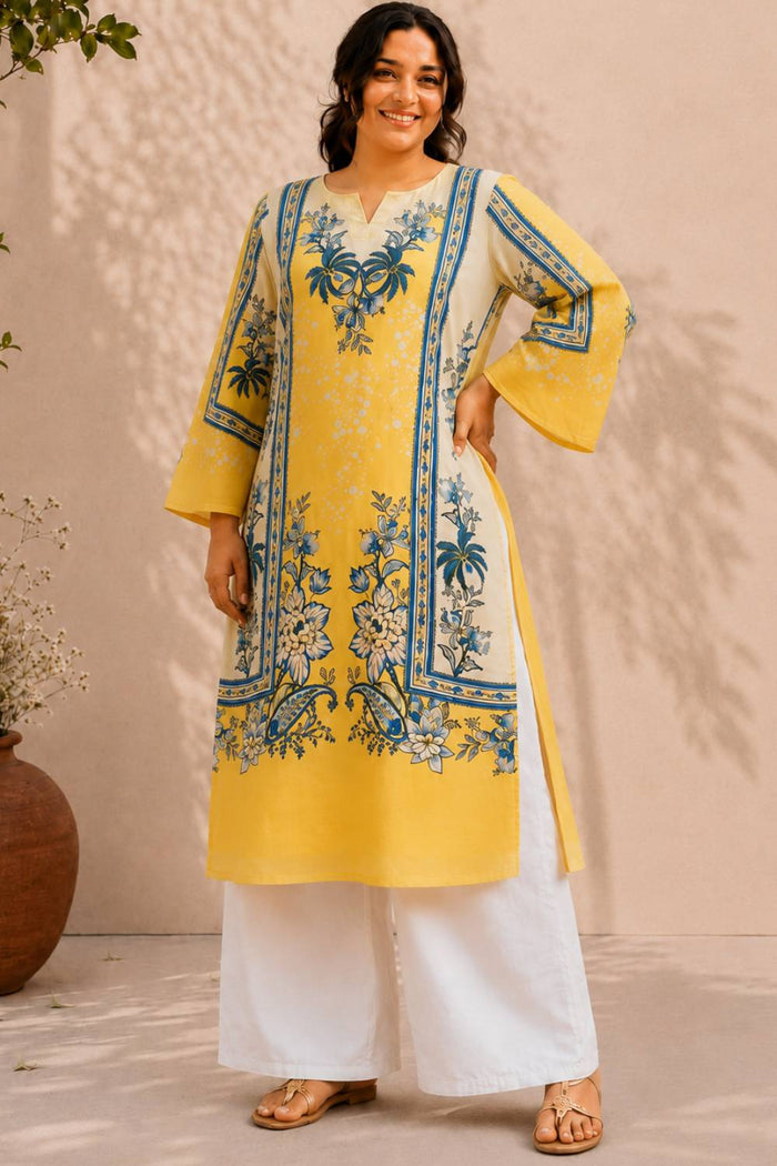 Plus Size Yellow Floral Print Cotton Kurta