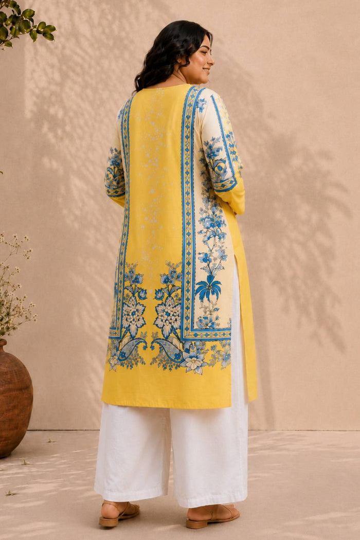 Plus Size Yellow Floral Print Cotton Kurta