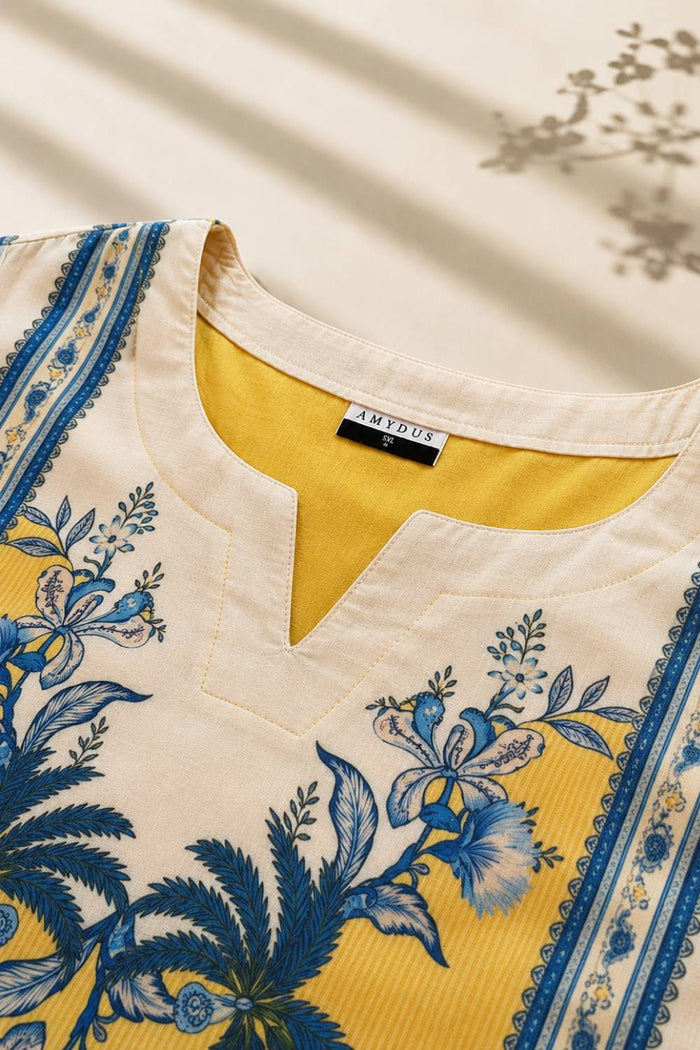 Plus Size Yellow Floral Print Cotton Kurta