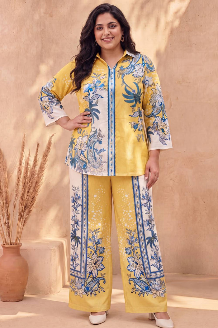 Plus Size Yellow Floral Printed Cotton Coord Set
