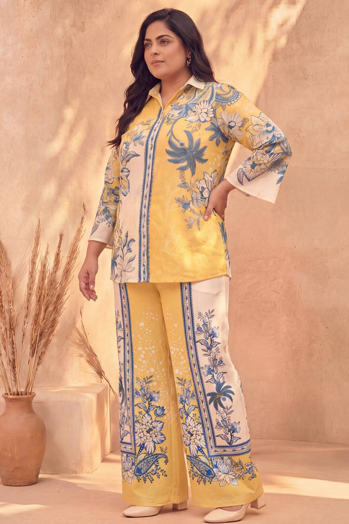 Plus Size Yellow Floral Printed Cotton Coord Set