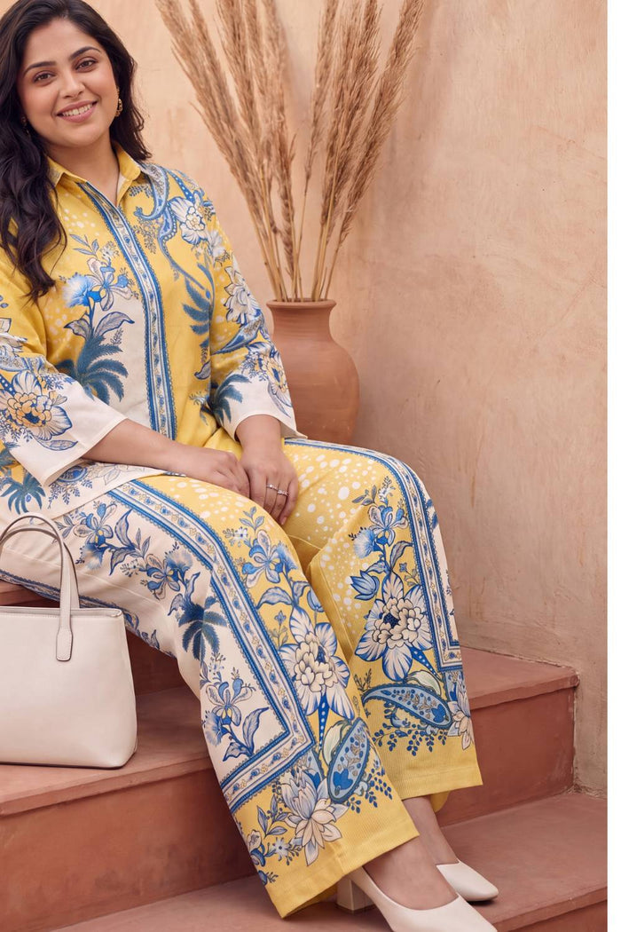 Plus Size Yellow Floral Printed Cotton Coord Set