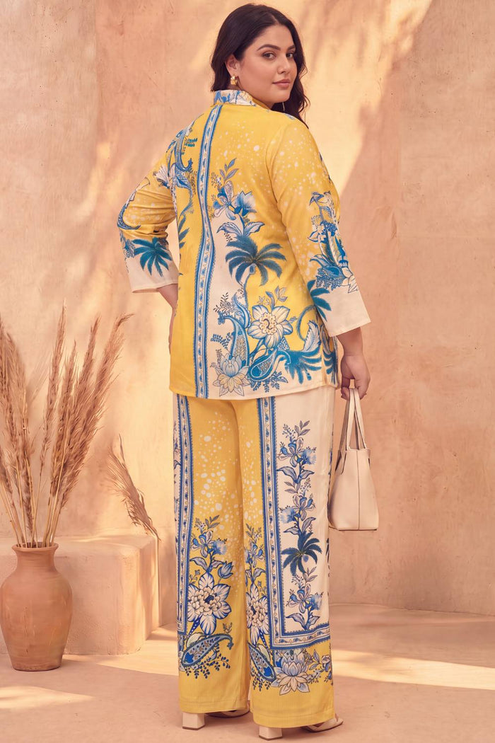 Plus Size Yellow Floral Printed Cotton Coord Set