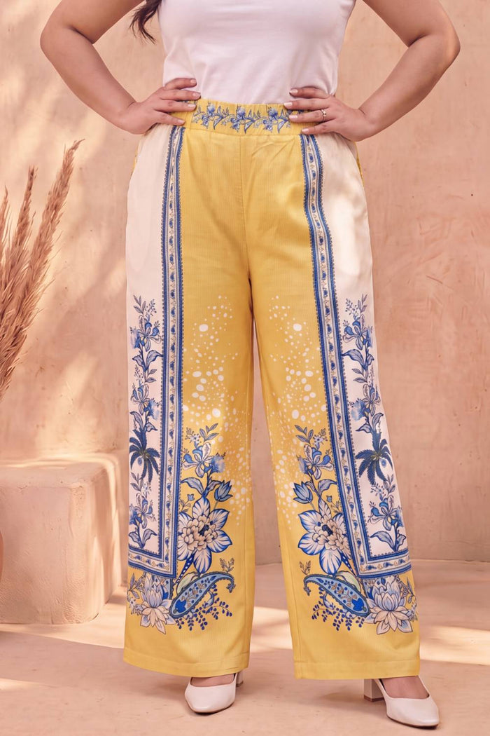 Plus Size Yellow Floral Printed Cotton Coord Set