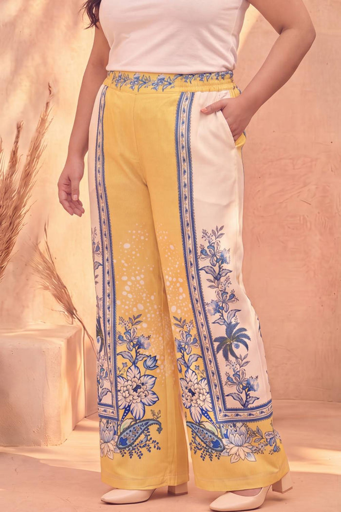 Plus Size Yellow Floral Printed Cotton Coord Set