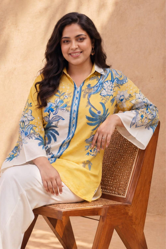 Plus Size Yellow Floral Printed Cotton Top
